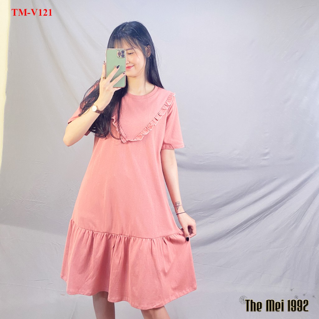 Váy thun suông nữ The Mei 1992 - Đầm bầu bigsize cố tròn kèm viền bèo dáng đuôi cá chất cotton thoáng mát | BigBuy360 - bigbuy360.vn
