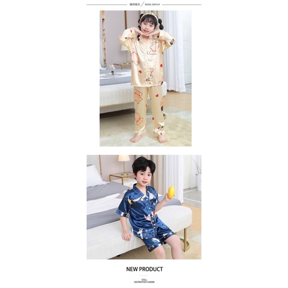 Bộ Đồ Ngủ Tay Dài Bằng Lụa satin In Hoạt Hình Dành Cho Trẻ Em Tuổi Trung Niên