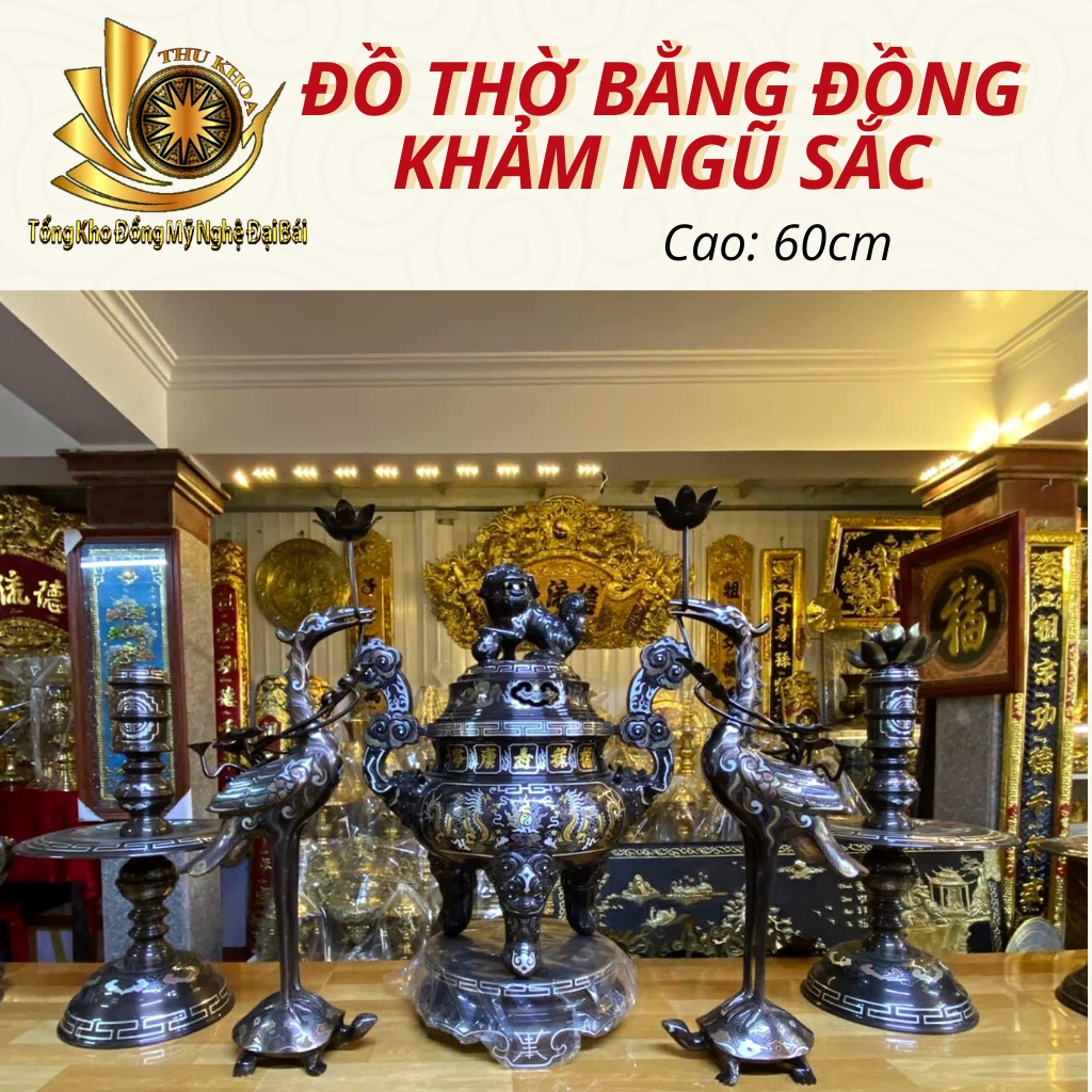Đồ Thờ Bằng Đồng Khảm Ngũ Sắc 5 Chữ Vàng Đại Bái Cao 60 Song Long Chầu Nguyệt Bằng Đồng Đỏ Đẳng Cấp Số 1 Độ Bền Trọn Đời