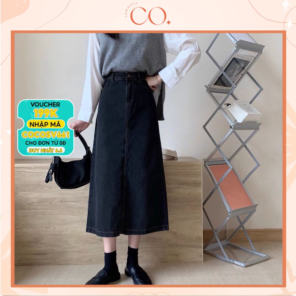 Chân váy jean dài cạp cao, váy jean bò nữ dài cạp chỉnh to nhỏ phong cách Hàn Quốc_A14