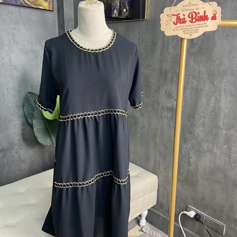 Váy suông xếp tầng viền dây dệt nổi dáng dài chất mango cao cấp, đầm babydoll dáng rộng viền ren nổi
