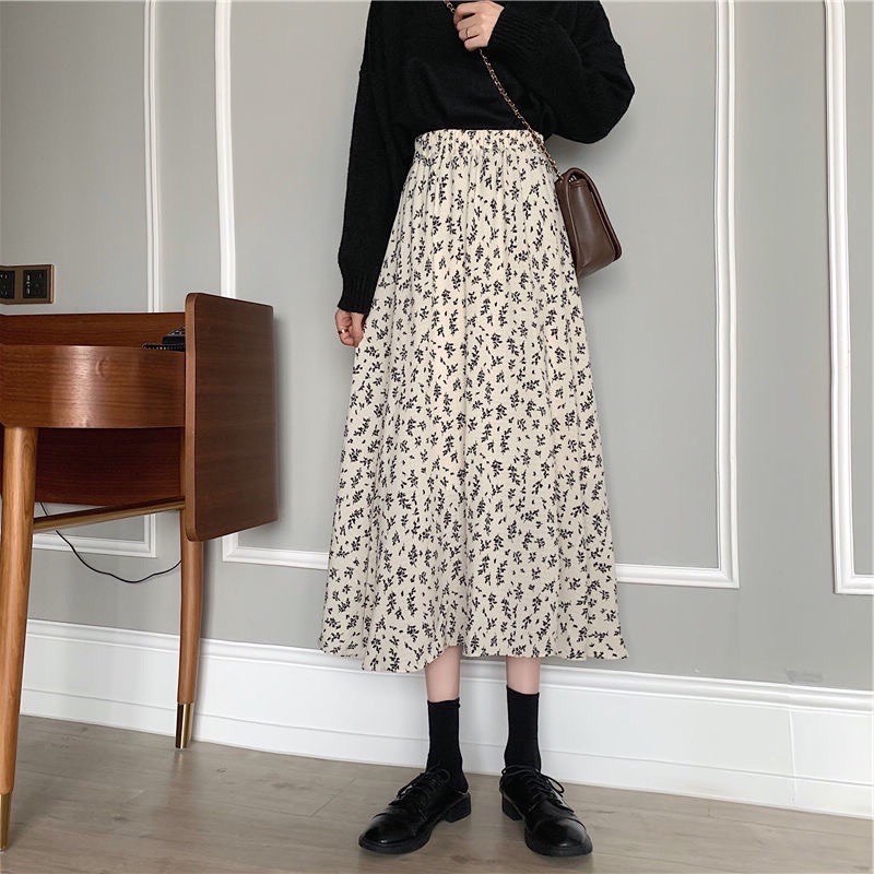 [Quà tặng là dây chun buộc tóc nữ] Chân váy midi hoa nhí 2 màu đen trắng phong cách ulzzang Lucy Outfit thiết kế | BigBuy360 - bigbuy360.vn