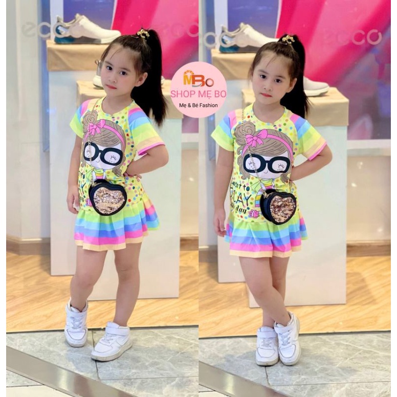 Set đồ bộ chân váy kèm quần chip cho bé gái thun cotton xuất dư in hoạt hình mickey mèo kitty từ 9 đến 25kg