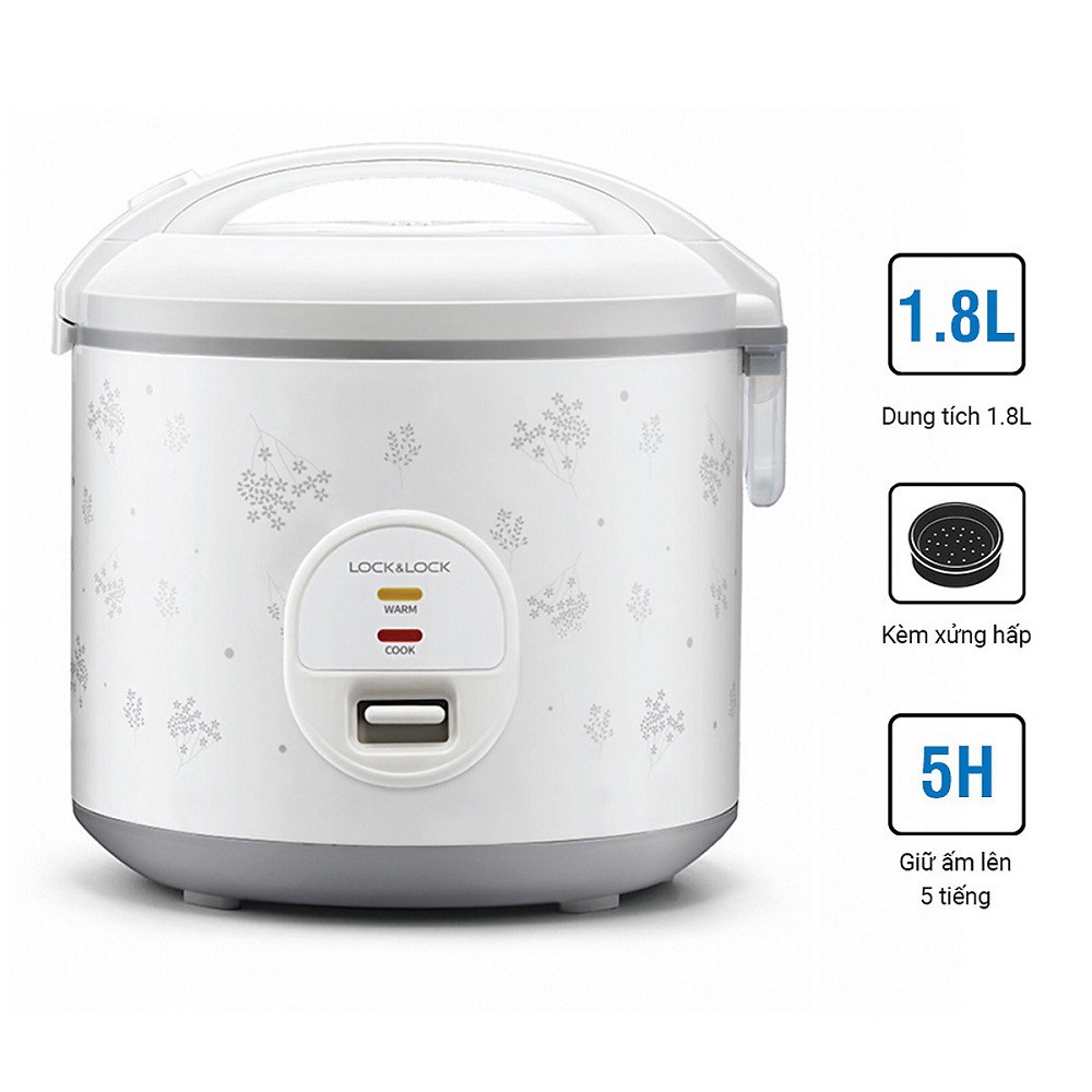 Nồi Cơm Điện Nắp Gài Lock&Lock EJR445GRY (1.8 Lít), 700W, Kèm Xửng Hấp, Bảo Hành 12 Tháng - Hàng Chính Hãng