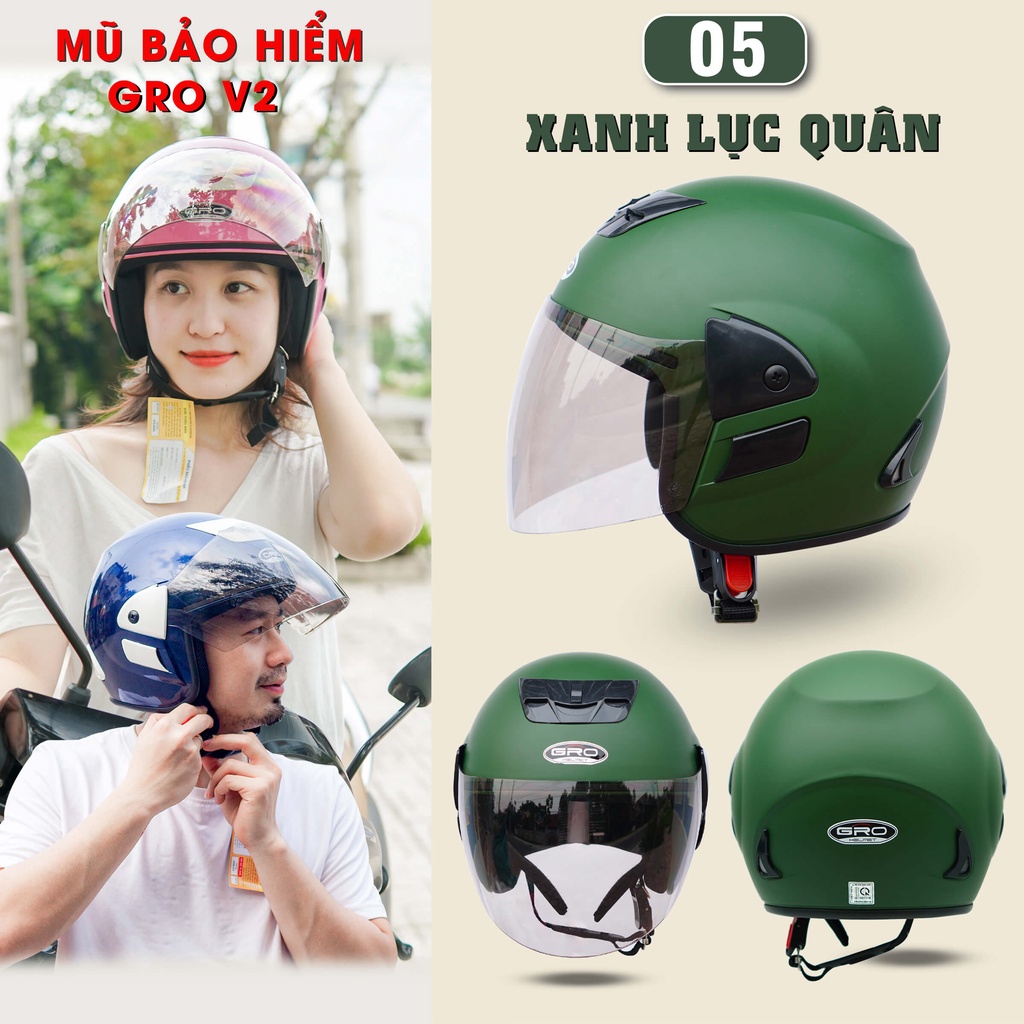 Mũ Bảo Hiểm 3/4 đầu GRO Helmet V2 có kính, kiểu dáng trẻ trung cho nam và nữ, khóa kim loại chắc chắn - Xanh Lục Quân