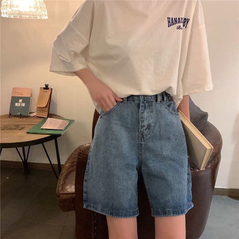 Xiaozhainv Quần đùi denim lưng cao dáng rộng phong cách cổ điển cho nữ | BigBuy360 - bigbuy360.vn