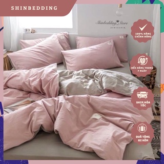 Set chăn ga cotton đũi phối hồng ga be