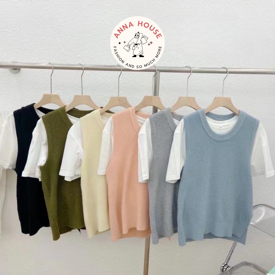 Áo gile nữ chất len cổ tròn xẻ vạt nhiều màu hàng Quảng Châu, áo gile len màu trơn basic Vintage Phong Cách Hàn Quốc