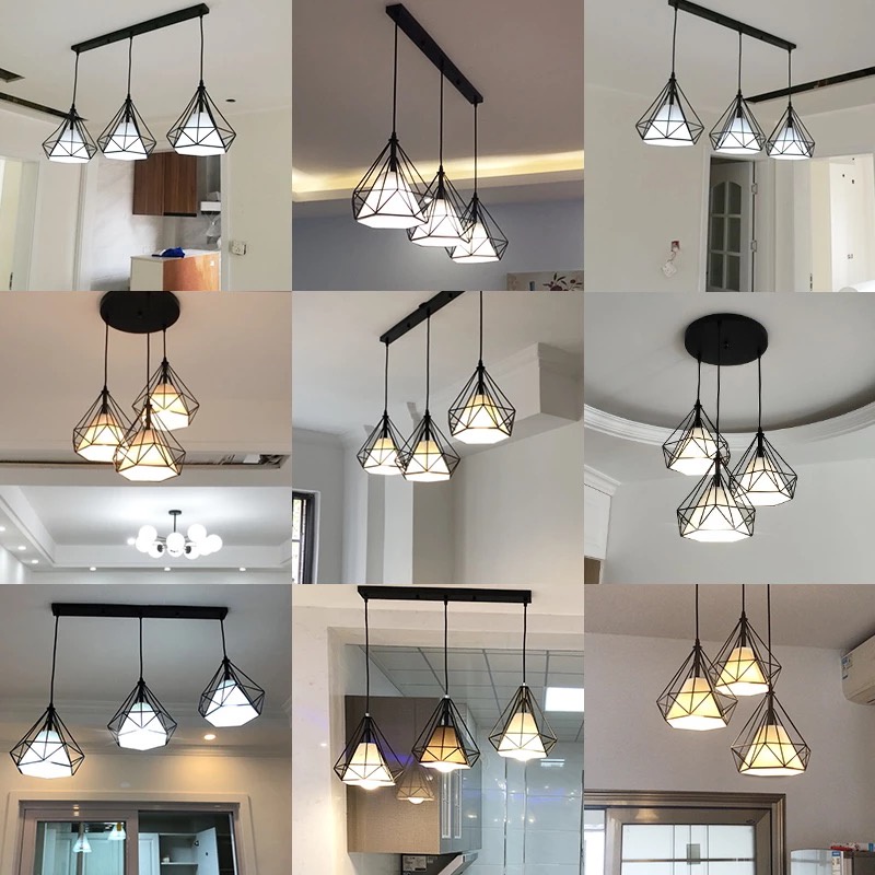 Bộ 3 đèn thả kim cương khung sắt sơn tĩnh điện D250 kèm bóng đèn