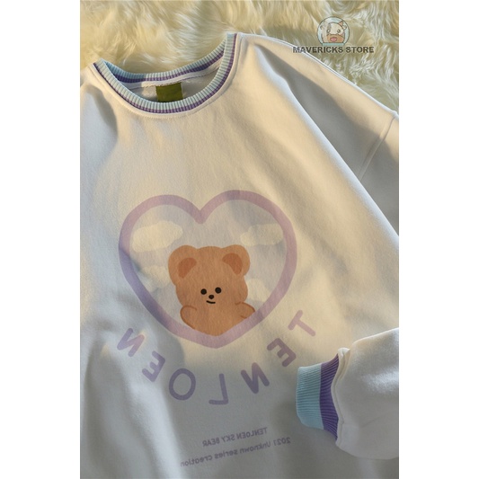 Áo sweater tay dài dáng rộng in hình gấu dễ thương phong cách Hàn Quốc thời trang cho nữ