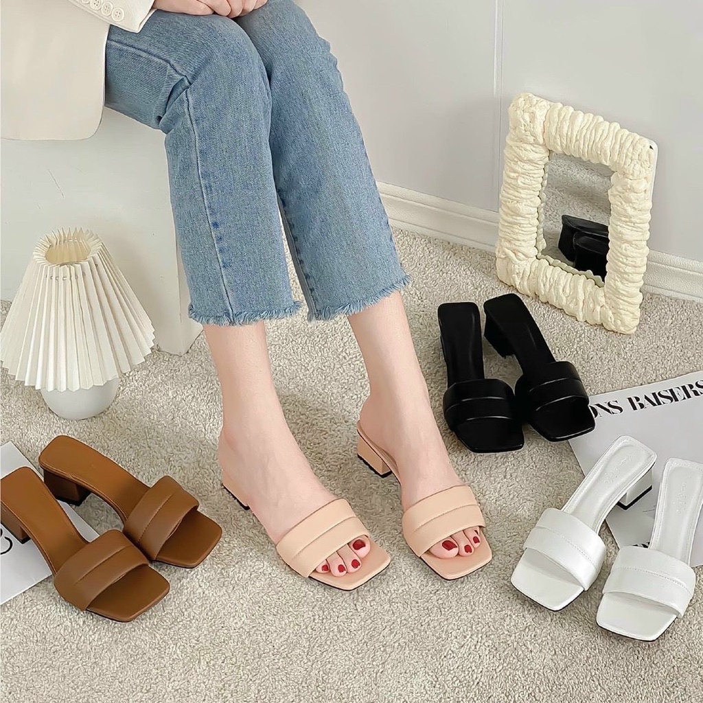 Dép cao gót nữ quai phồng đế vuông thời trang dáng guốc sandal cao 3 phân quai ngang cao cấp
