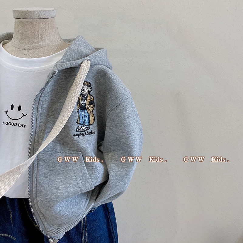 Áo Khoác Hoodie Tay Dài Thêu Hình Gấu Phong Cách Phương Tây Thời Trang Xuân Thu Cho Trẻ Em