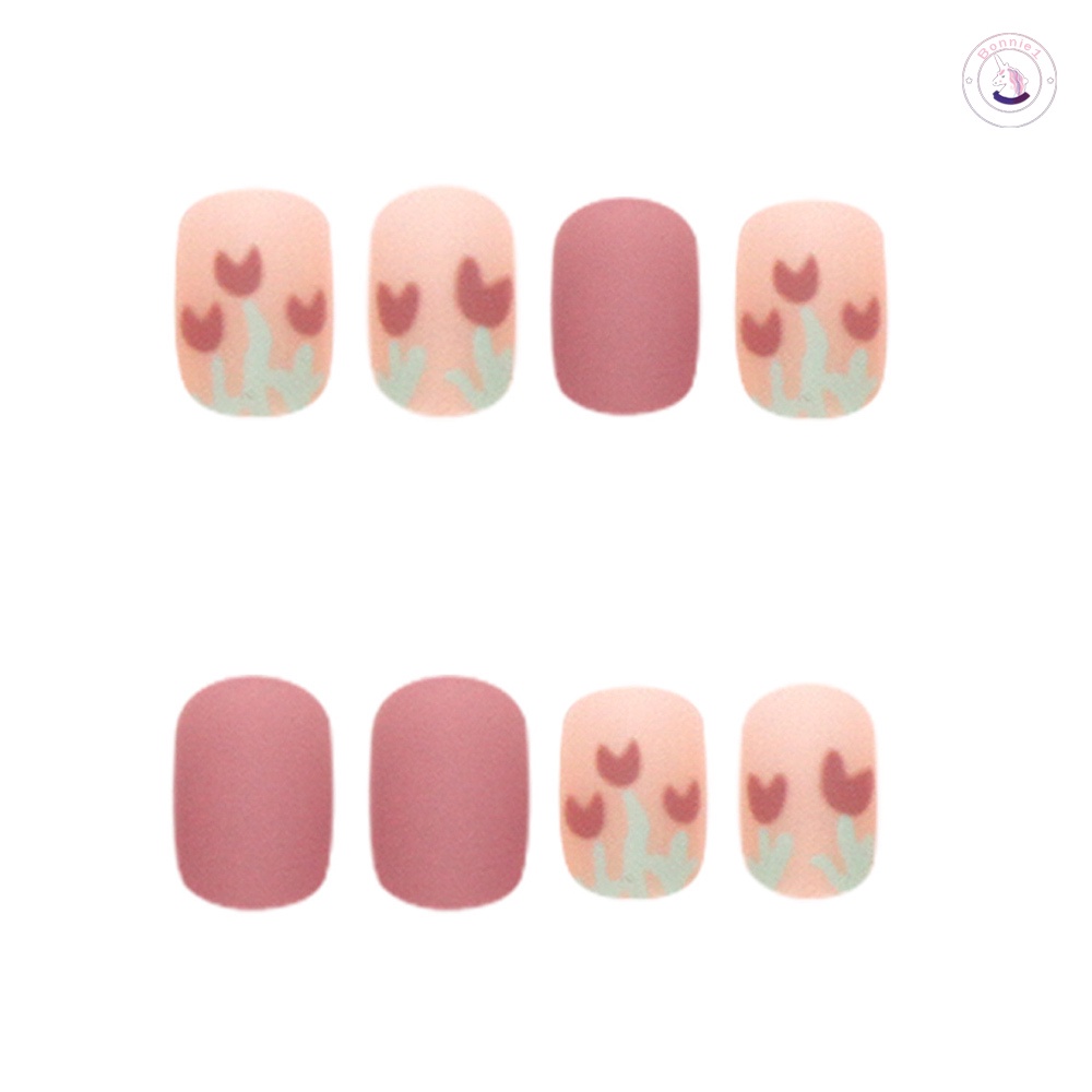 Bộ 24 Móng Tay Giả Màu Be Họa Tiết Hoa Tulip Phủ Toàn Diện Thời Trang Cho Nữ