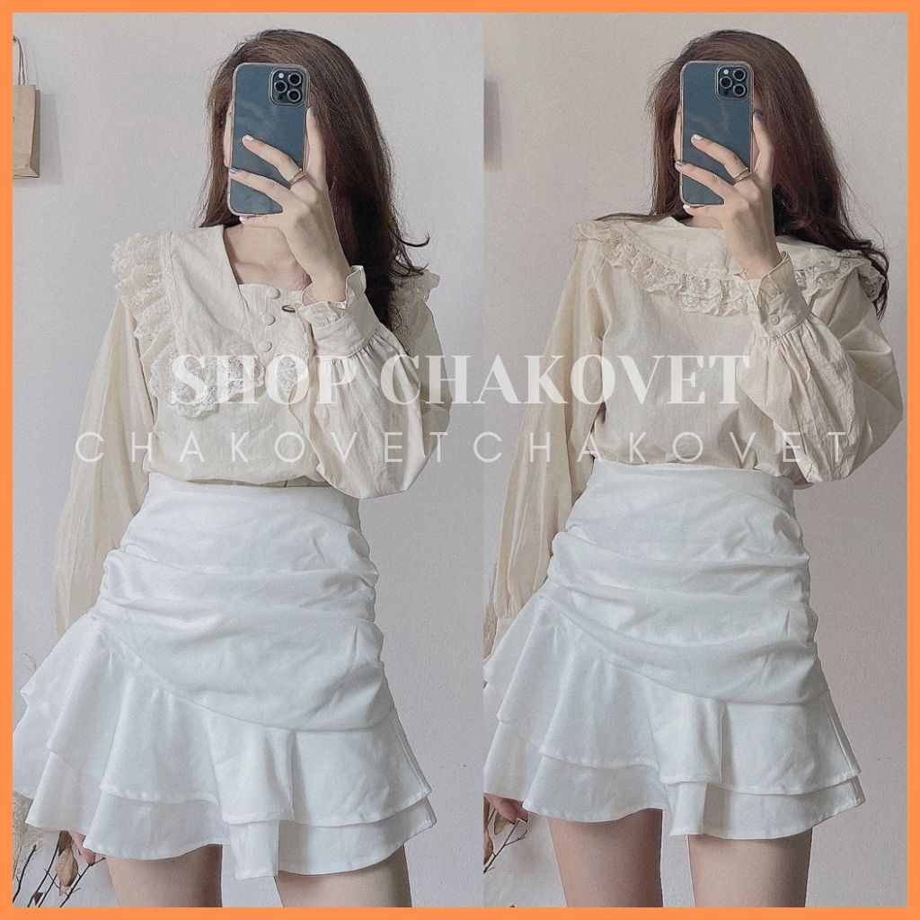 Áo sơ mi nữ viền ren cúc bọc tay dài màu trắng be phong cách thời trang Hàn Quốc -CKA169