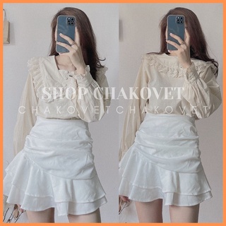 Áo kiểu nữ dài tay viền ren cúc bọc màu trắng be, áo sơ mi nữ cá tính dễ thương -CKA.169