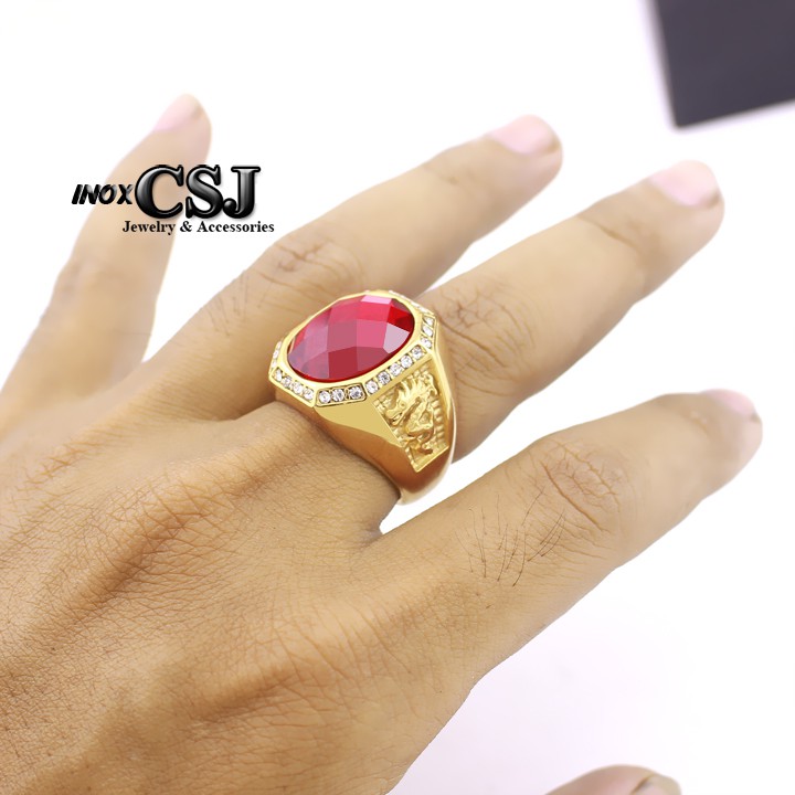 NHẪN NAM INOX MẠ VÀNG 2 BÊN CON RỒNG ĐÁ ĐỎ siêu đẹp - tặng hộp đựng xinh xắn