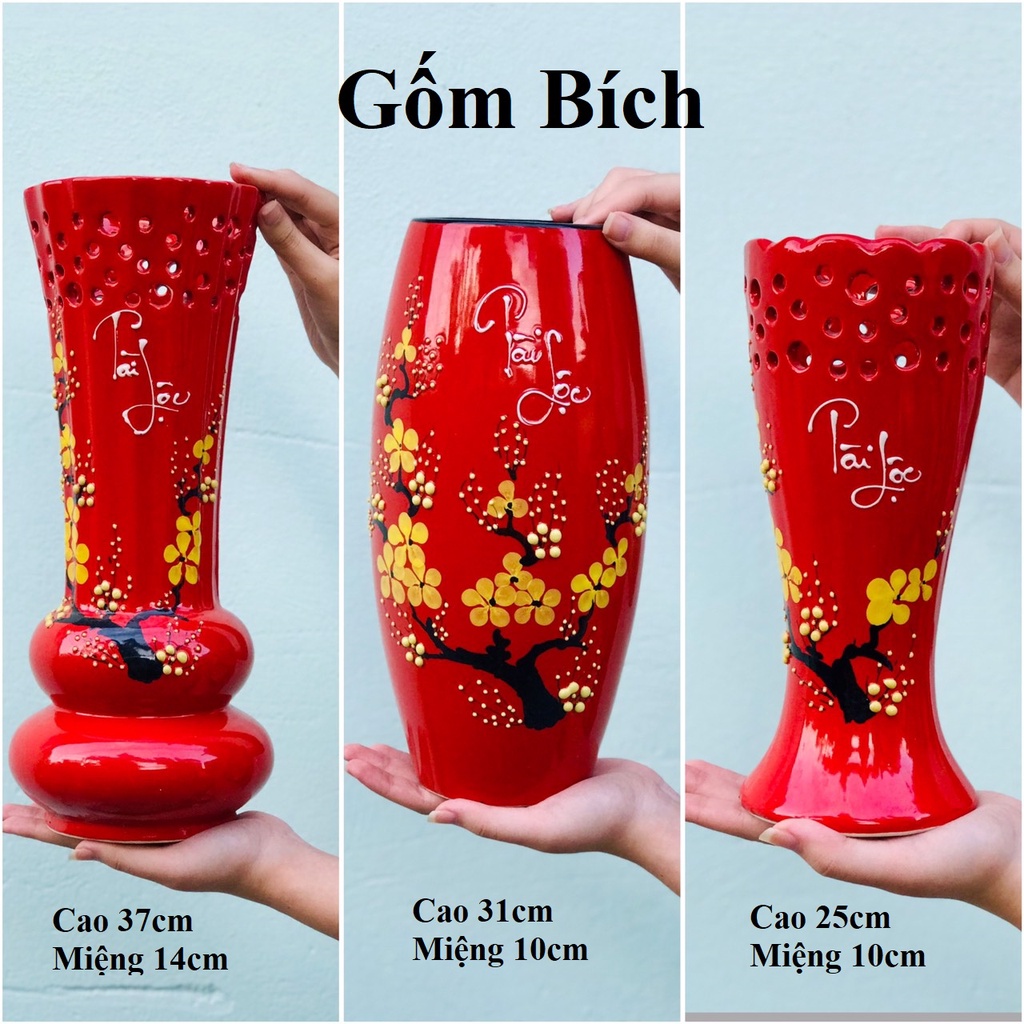 Bình Hoa Lọ Hoa Cành Mai Tài Lộc Màu Đỏ Gốm Sứ Bát Tràng - Gốm Bích