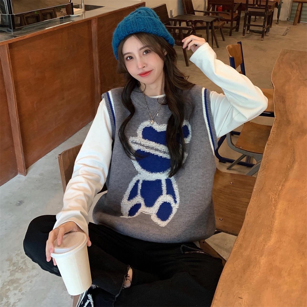 ZHELIHANGFEI Áo Sweater Dệt Kim Sát Nách Dáng Rộng In Hình Gấu Dễ Thương