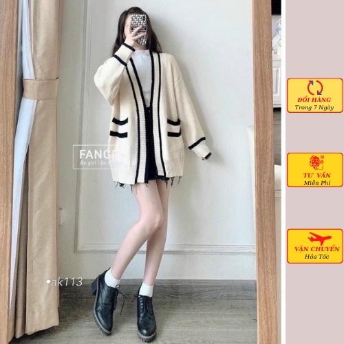 Áo cardigan len nữ oversize dáng dài phom rộng viền đen trắng ulzzang Hàn Quốc mùa thu đông