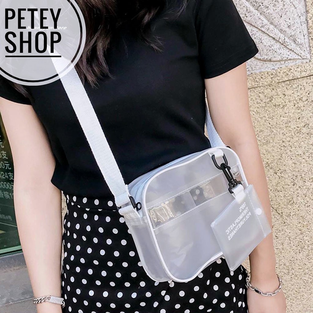 TÚI XÁCH ĐEO CHÉO NHỰA TRONG SUỐT KÈM VÍ, Size 22x18