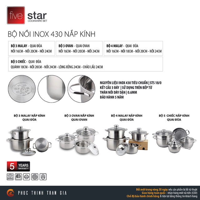 BỘ 5 NỒI FIVESTAR NẮP KÍNH 3 ĐÁY