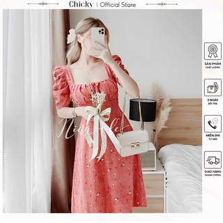 Váy đầm nữ đầm dáng xòe tay phồng cổ vuông bèo ngực sang chảnh
