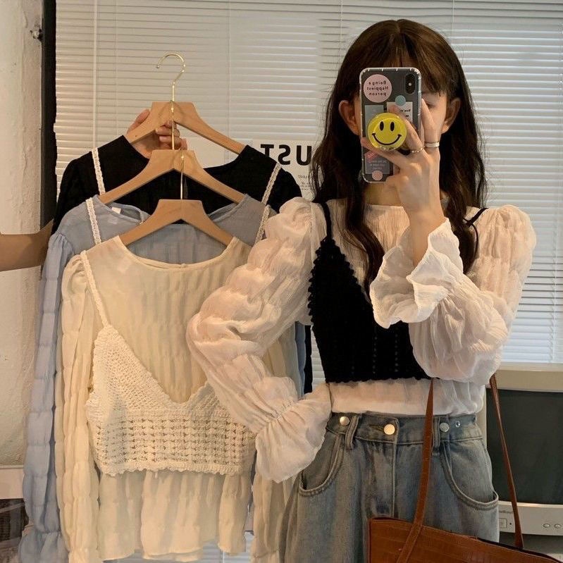 Bộ Áo Sơ Mi Chiffon Tay Loe Xếp Ly + Áo Hai Dây Dệt Kim Đơn Giản Thời Trang Mùa Xuân Cho Nữ