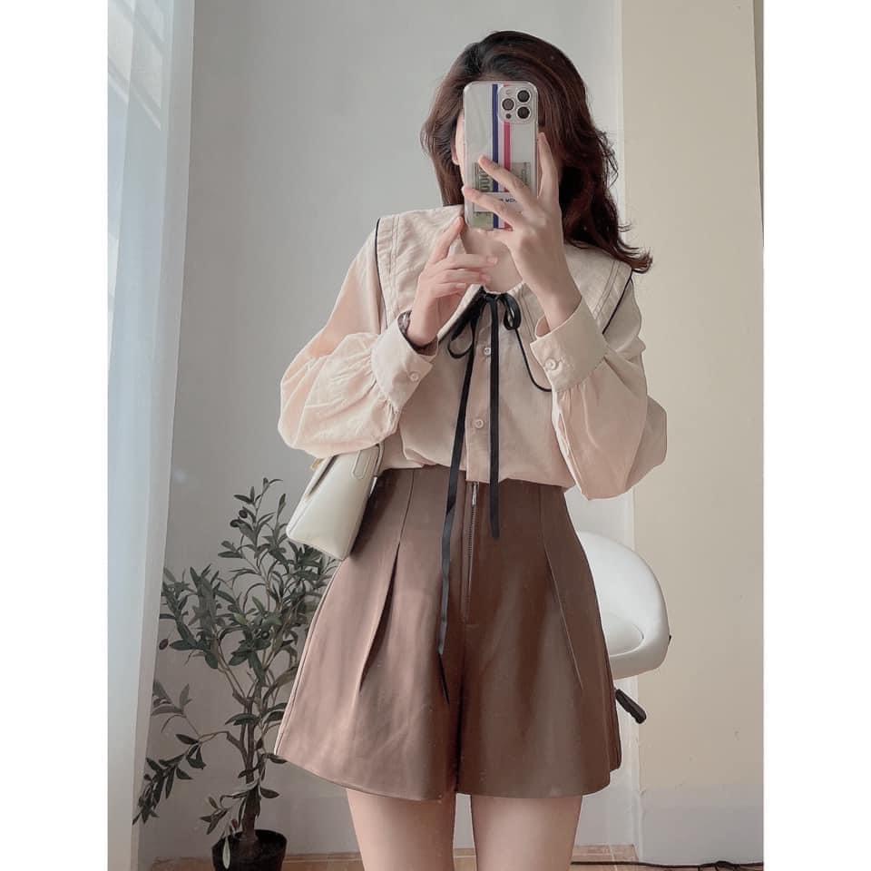 Ảnh thật/video - Áo sơ mi cổ viền chỉ phối nơ cổ