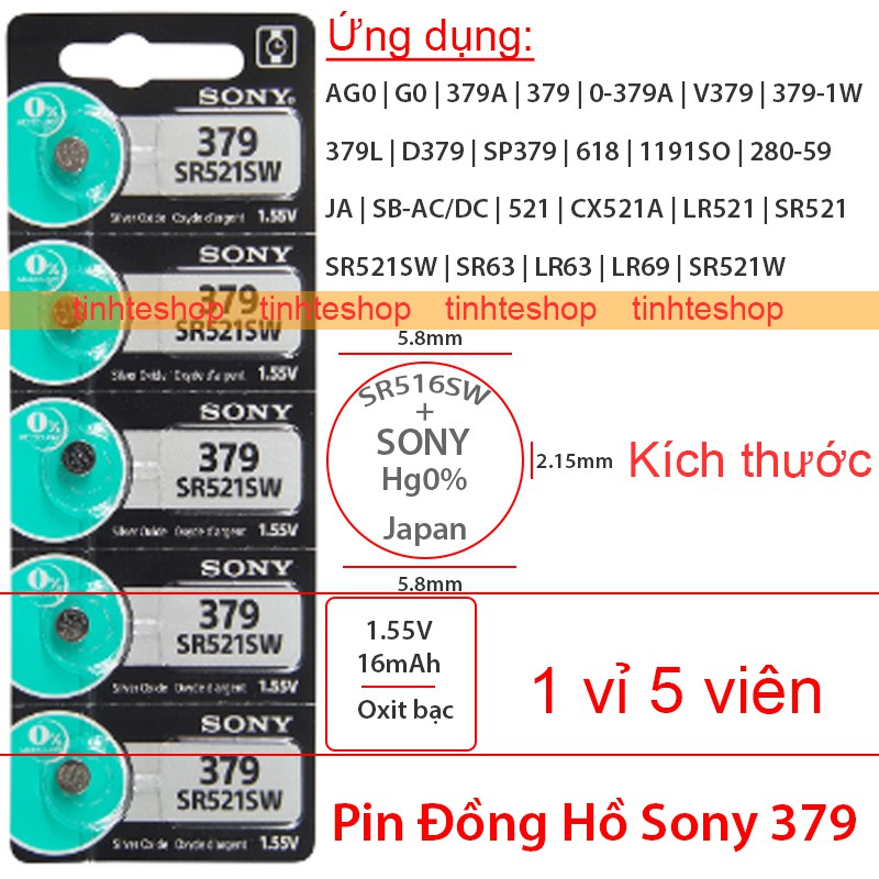 Pin đồng hồ 379 AG0 379A V379 D379 618 1191SO 521 LR521 SR521 SR521SW SR63 LR63 LR69 SR521W Sony 1.55V-16mAh 1 vỉ 5 viên