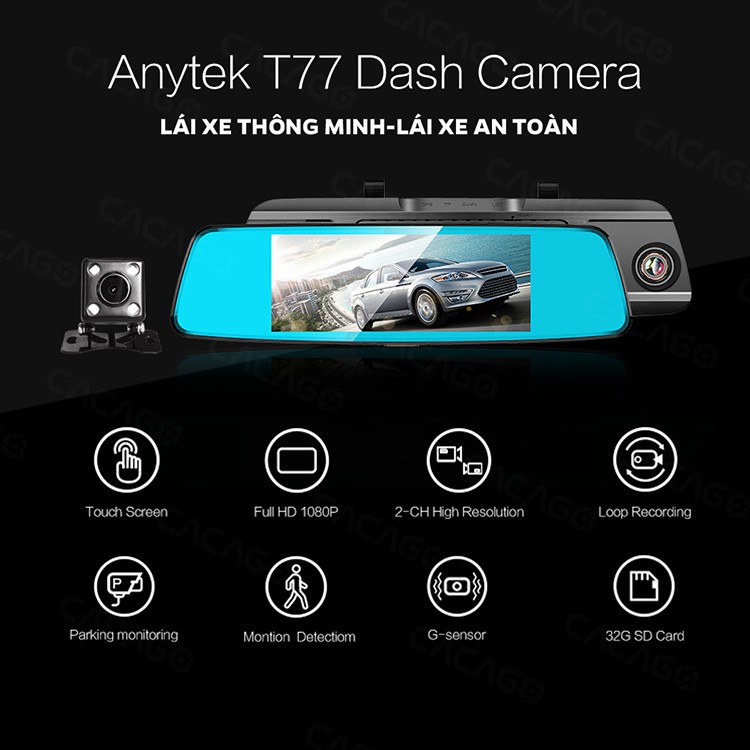 Camera Hành trình ô tô Anytek T77 Full HD (1920*1080P) - Cam gương, màn hình 7 inch cảm ứng, Quay 2 mắt trước sau | BigBuy360 - bigbuy360.vn