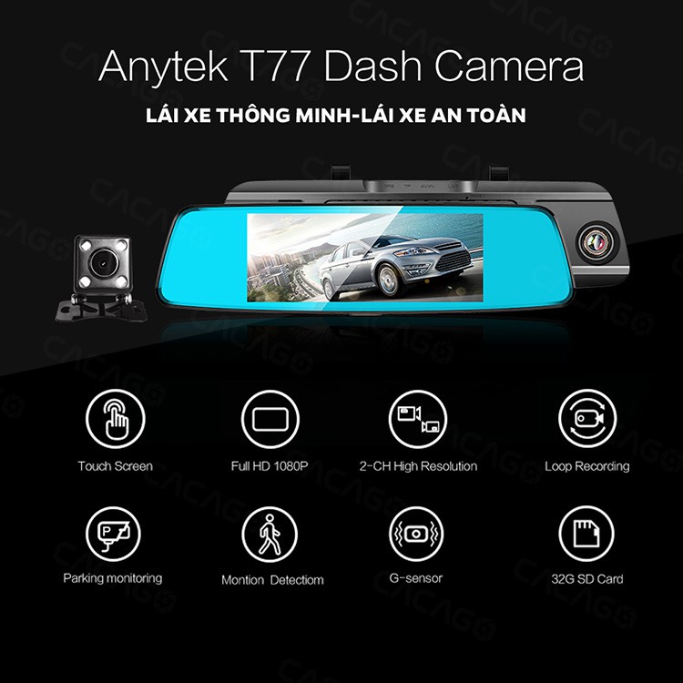 [Mã ELMS4 giảm 7% đơn 500K] Camera hành trình Gương Anytek T77 trước sau FHD 1080P, Màn hình IPS 7inch cảm ứng đa điểm