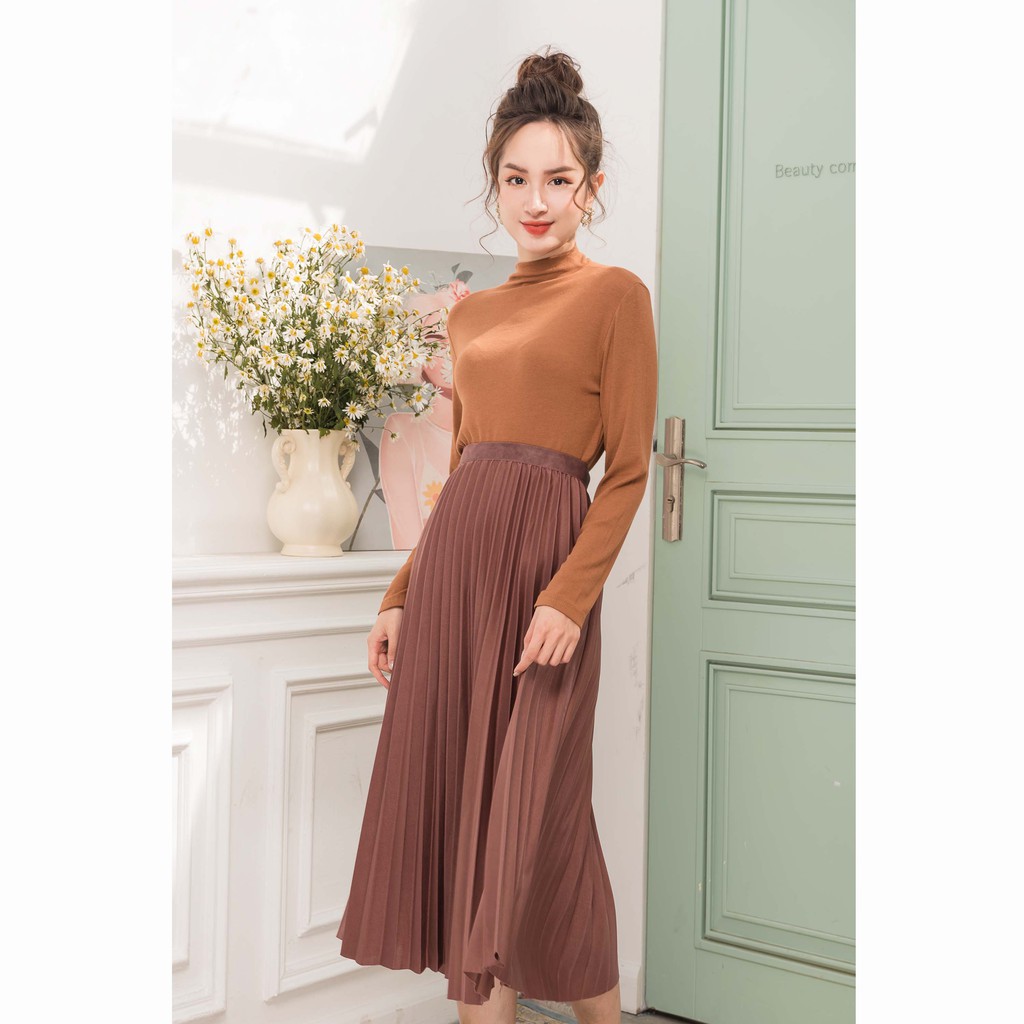 Chân váy midi xếp ly dáng dài LYNS chất liệu lụa lưng cao xòe dài qua gối (Hàng thiết kế). | BigBuy360 - bigbuy360.vn
