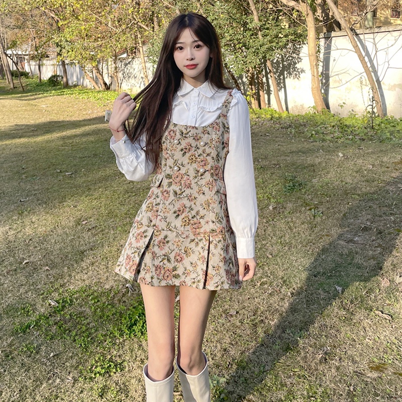 Set áo sơ mi nữ dài tay kết hợp váy hai dây vintage in hoa kiểu Pháp phong cách retro (nên lấy to hơn 1 size)
