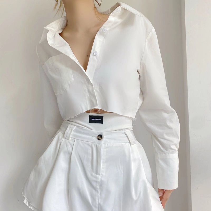 Áo Sơ Mi Nữ Croptop Thiết Kế Dài Tay Form Rộng Phối Túi Ngực Phong Cách Ulzzang Thời Trang Sugal SO MI NU 029V1