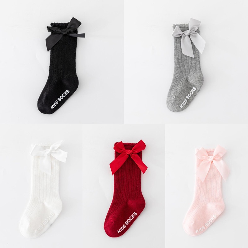 Thích hợp cho bé 0-3 tuổi Tất dài đến đầu gối đính nơ đáng yêu dành cho bé gái Đôi vớ dài qua gối