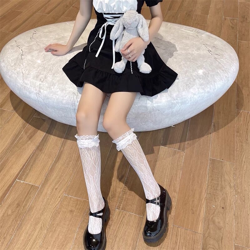 Tất lolita mix boot hoặc giày bupbe-siêu co giãn-2 màu trắng đen