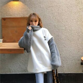 Áo nỉ Oversize phối tay len cao cổ