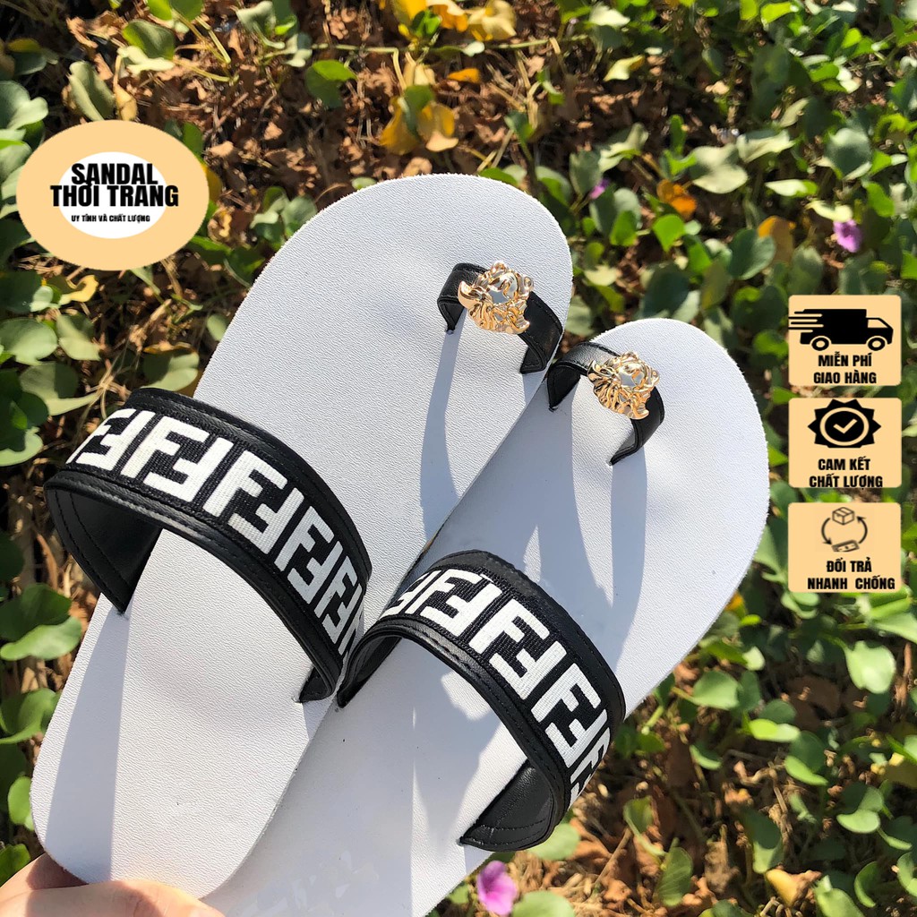 Dép sandal nữ xỏ ngón, SANDALTHOITRANG  FF Trắng/đen full size 30-44