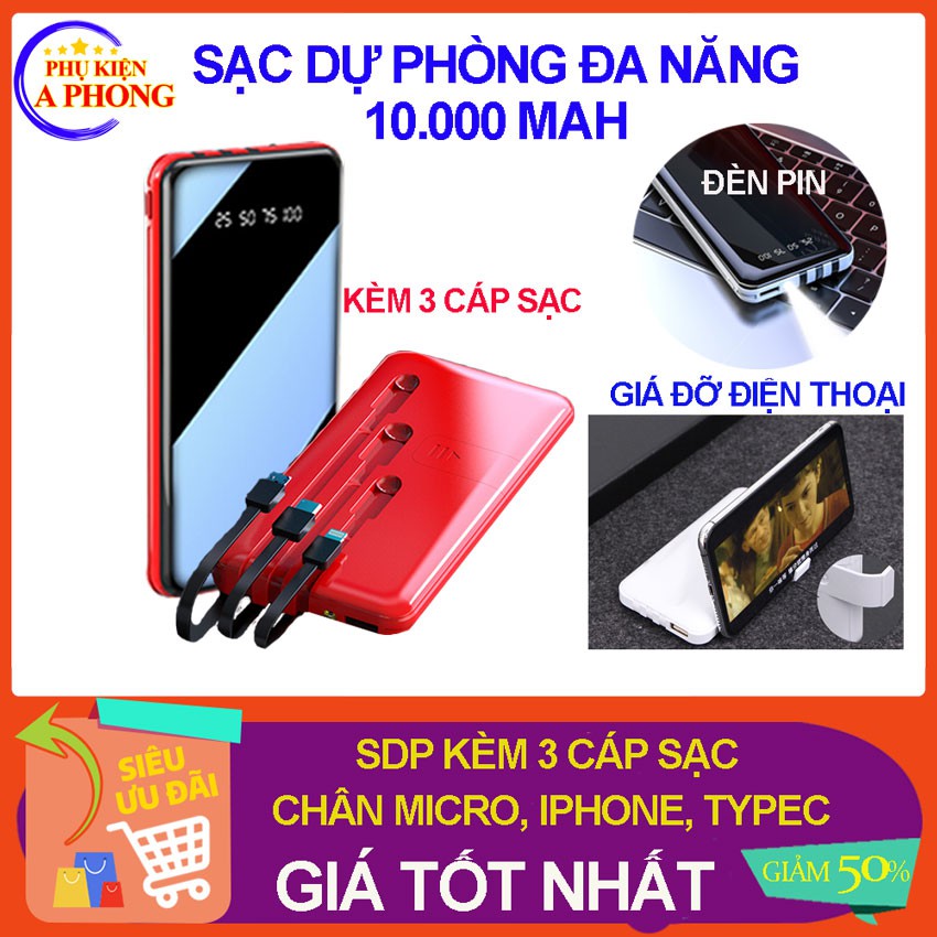 [Gắn Kèm Cáp] Pin sạc dự phòng G01 SD Design 10,000 mAh kèm 3 cáp sạc cho hầu hết điện thoại, kèm đèn led