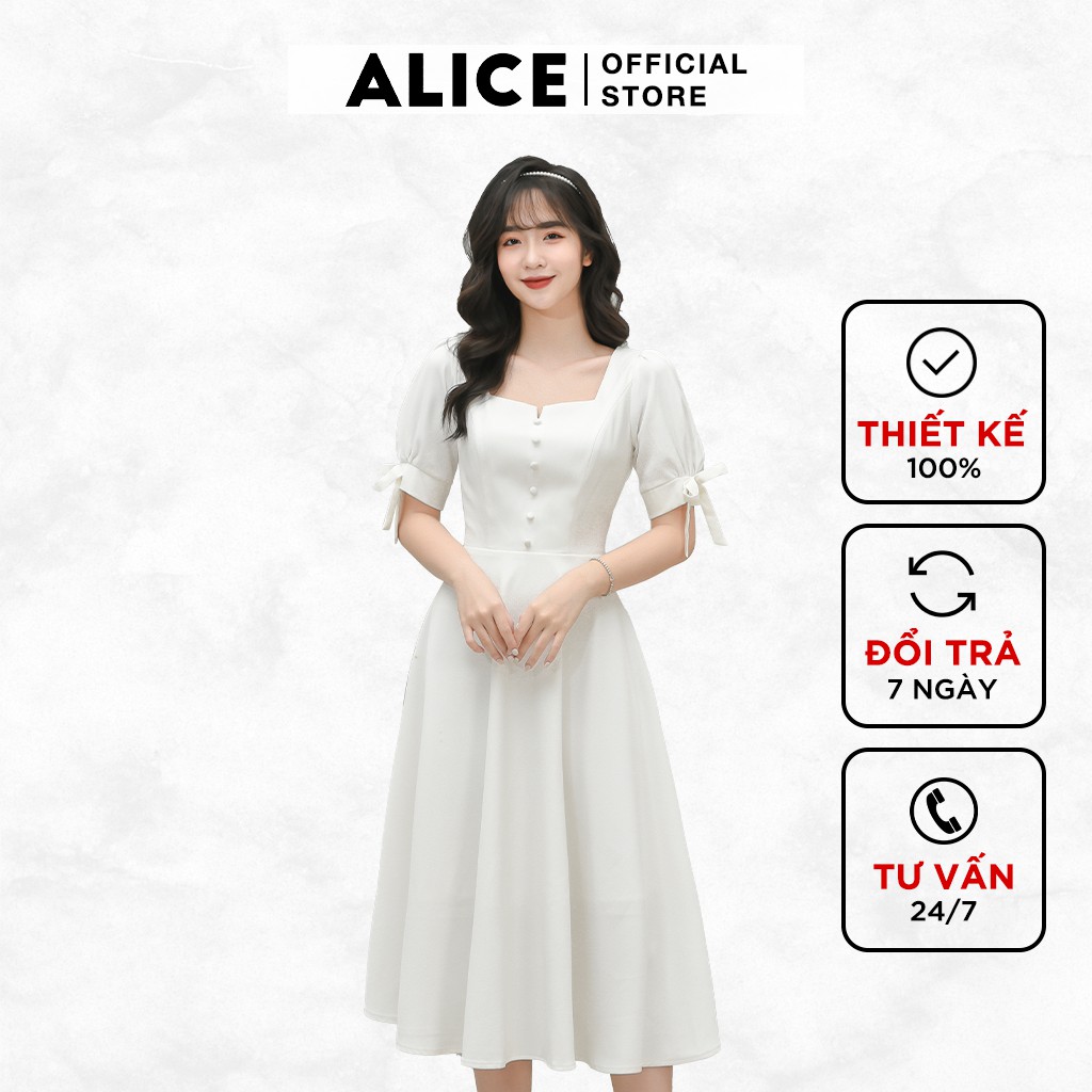 Đầm Thiết Kế Trắng Dự Tiệc ALICE Dáng Xòe Xếp Ly Cổ Vuông Tay Bồng Thắt Nơ Đính Cúc Ngực Trang Trí Thanh Lịch V678