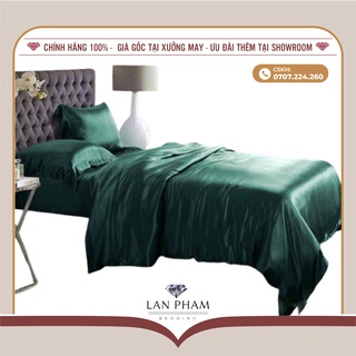 (Loại 1) Bộ Vỏ Chăn Ga Gối Phi Lụa 5 Món Cao Cấp Mát Lạnh Lan Bedding Màu Xanh Lá Cây