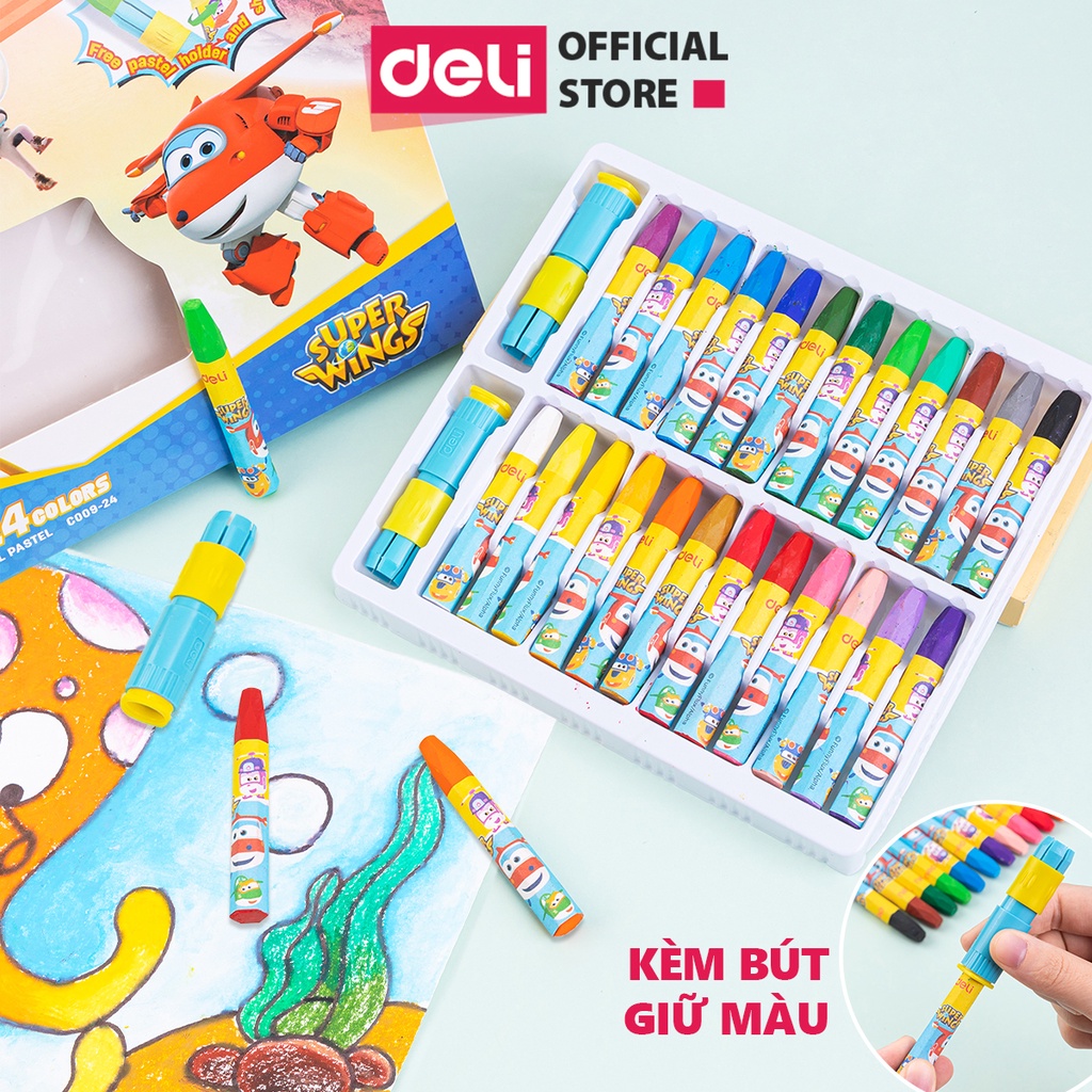 Bút sáp dầu Deli x SuperWings Đội Bay Siêu Đẳng 24 màu tươi sáng, tô mịn - an toàn cho bé - tặng kẹp chống bẩn - EC009