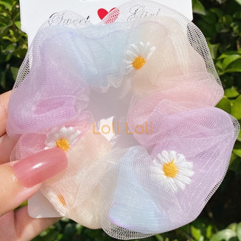 Scrunchies cột tóc 2 lớp cầu vồng hoa cúc xinh xắn