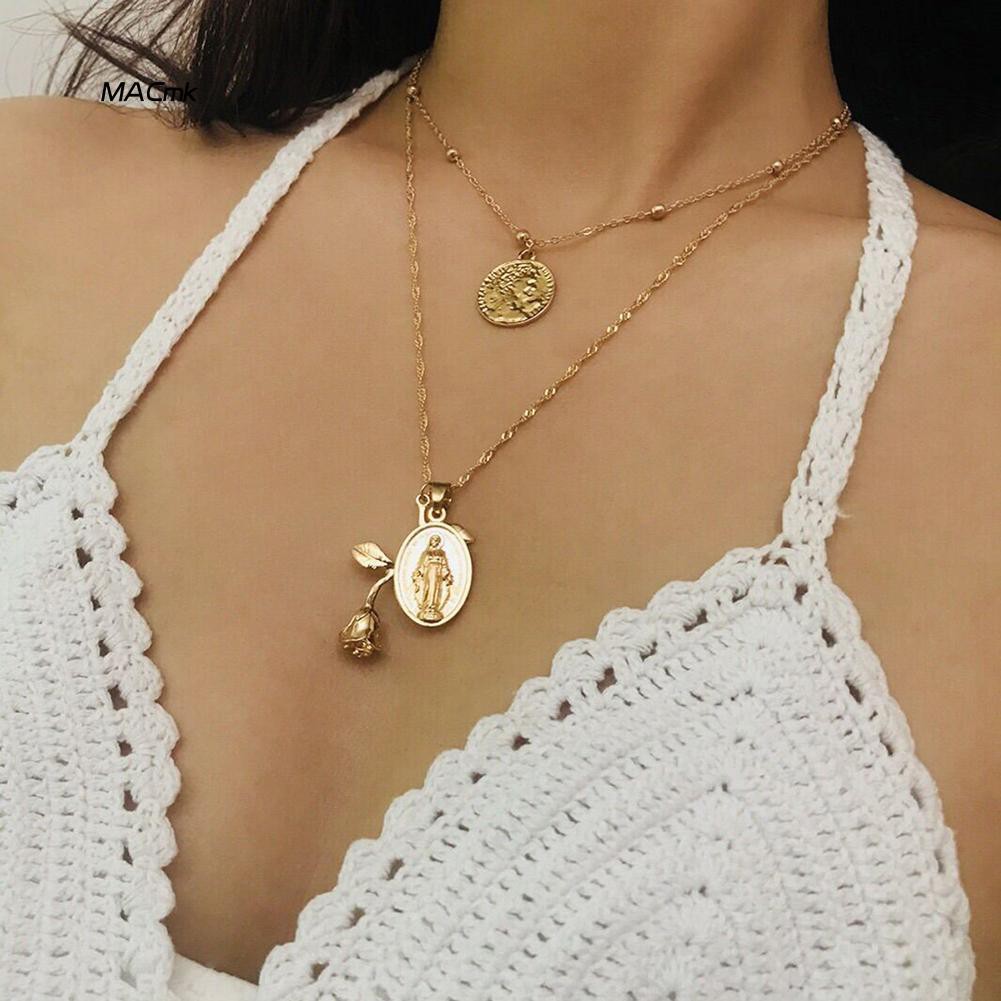 Vòng cổ Hai Lớp Mặt Hình Hoa Hồng Và Chúa Jesus Thời Trang Cho Nữ