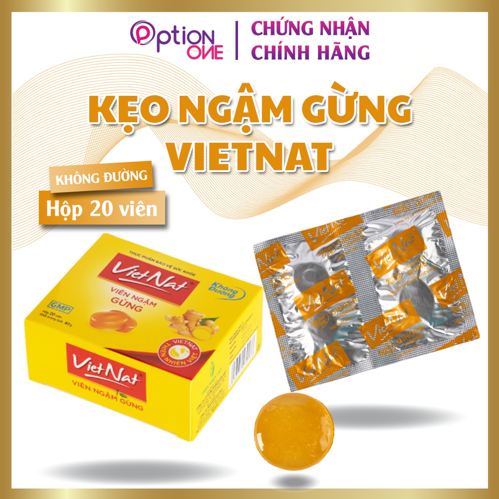 Kẹo ngậm hỗ trợ tiêu hóa, giảm cảm cúm gừng Vietnat không đường - hộp 20 viên