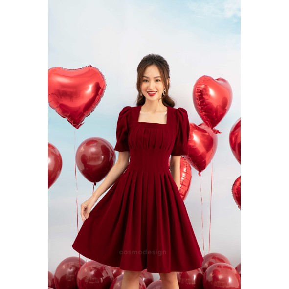 Váy Xòe Đỏ Nhung May Ly Trước Ngực