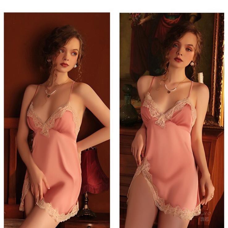 Đồ ngủ sexy / Đầm ngủ xẻ đùi 2 dây phối ren, chất liệu Satin cao cấp, freesize dưới 65kg, kèm quần đùi trơn so cute  ྇