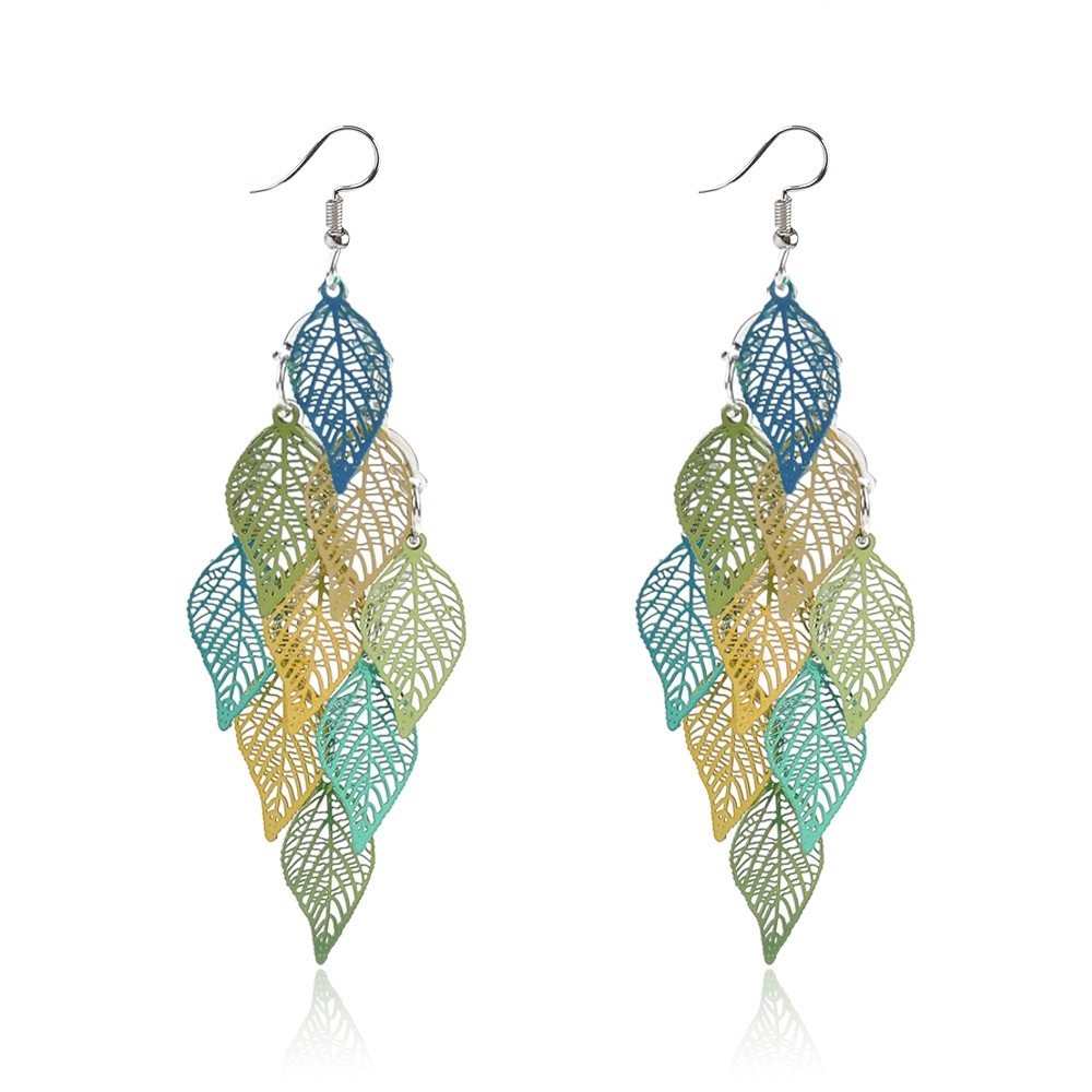 Hoa tai kiểu dáng dài phối họa tiết lá nhiều màu sắc đầy cổ điển