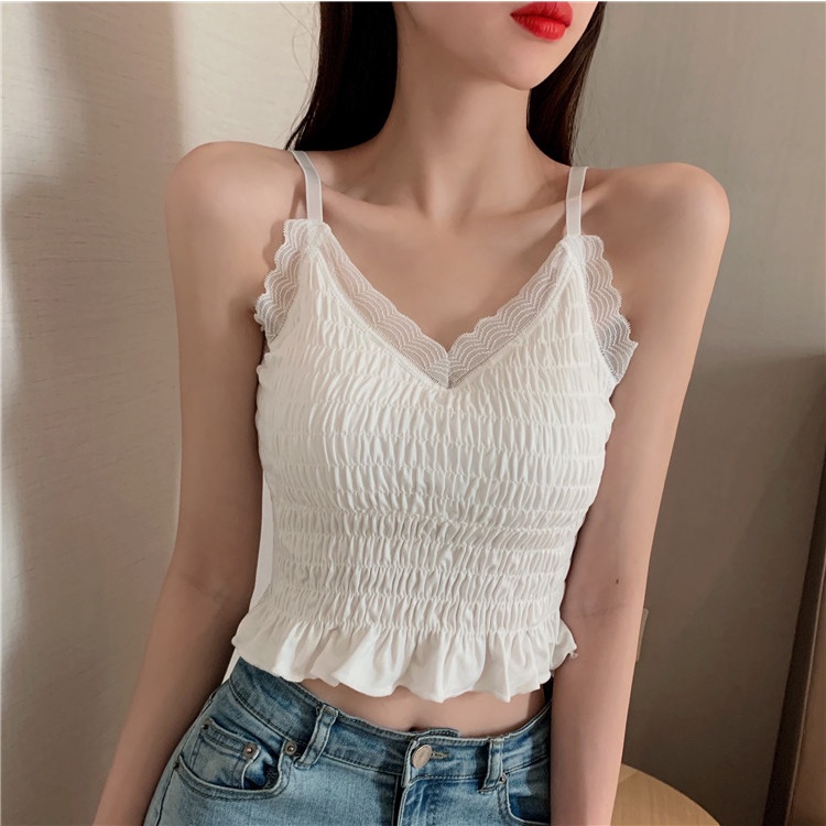 Áo Hai Dây Phối Ren Màu Trắng Thời Trang Mùa Hè Cho Nữ