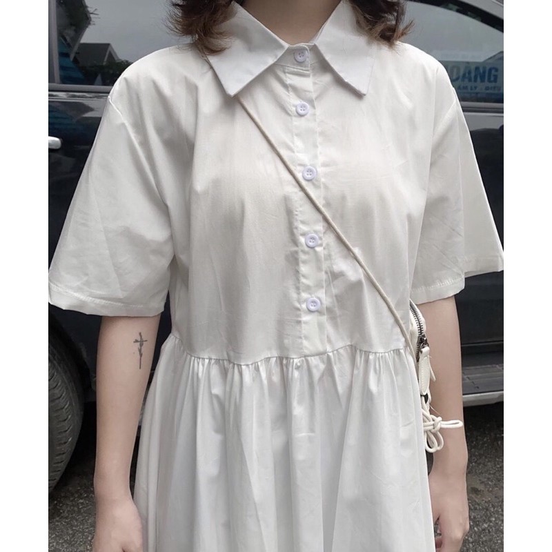 Đầm Babydoll Sơ Mi Xòe Trắng Có Lót, Đầm Đi Tiệc, Đầm Đi Dạo Phố - Dom Dress T177